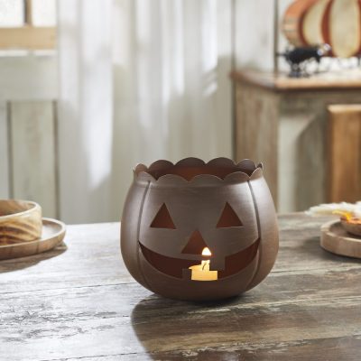 Bronze Jack O Lantern Votive Tealight Candle Holder, Spooky Halloween Fall Metal Decor 6.25x7.5x7.5 Inch