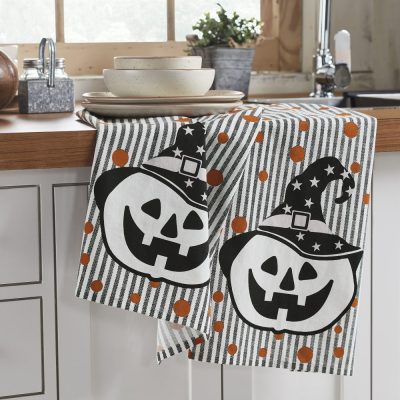 Halloween Fall Kitchen Towel Set, 19x28 Absorbent Cotton Pumpkin & Stripe Dish & Hand Towels (2Pack)