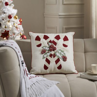 Candy Cane & Holly Pillow 18x18