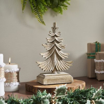 Feathered Finish Winter Pine Wooden Tree 9.75x6.25x3.5