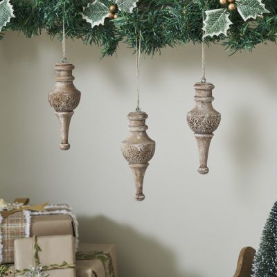 Rustic Finial Ornament Feathered Finish Set of 3 6.5x2.5x2.5
