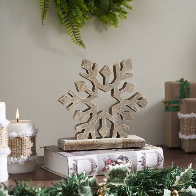 Feathered Finish Wooden Snowflake Natural 7.5x8x2.5