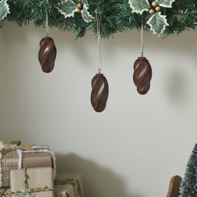 Swirling Dark Wooden Ornament Set of 3 - 4 inch