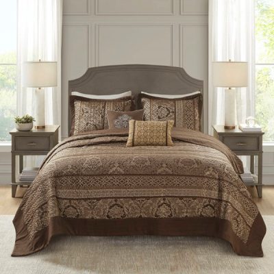 Madison Park Bellagio 5 Piece Reversible Jacquard Bedspread Set in Brown/Gold, King MP13-5319