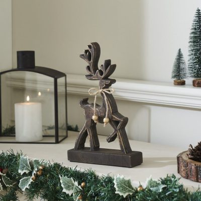 Woodland Winter Dark Wooden Reindeer 11x7x2