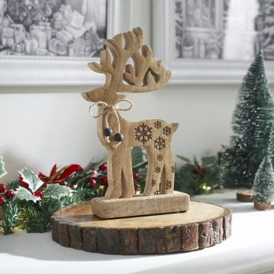 Natural Wooden Snowflake Reindeer 11x6x2