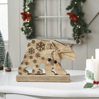 Natural Wooden Snowflake Bear 7x10x2