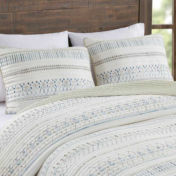 Madison Park Fraser 3 Piece Printed Microfiber Seersucker Quilt Set in Taupe/Blue, Full/Queen MP13-8112 - Image 2