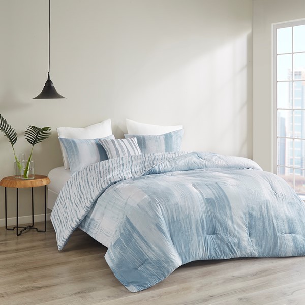 N Natori Brush Stroke 4 Piece Oversized Reversible Seersucker Comforter Set in Blue, Full/Queen NS10-3705 - Image 3