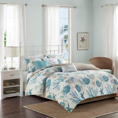 Madison Park Pebble Beach 6 Piece Cotton Sateen Duvet Cover Set in Aqua, Full/Queen MP12-8075