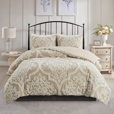 Madison Park Viola 3 Piece Tufted Cotton Chenille Damask Comforter Set in Taupe, King/Cal King MP10-7103