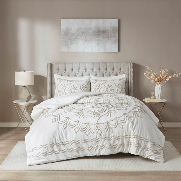 Madison Park Violette 3 Piece Tufted Cotton Chenille Comforter Set in Ivory/Taupe, Full/Queen MP10-7140 - Image 2