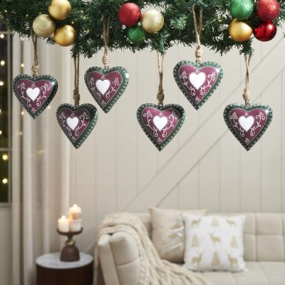 Burgundy Heritage Metal Heart Ornament Set of 6 - 5 inch