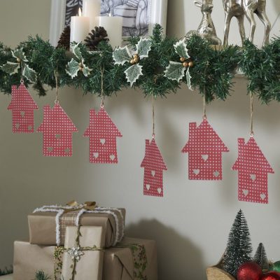 Dotted Metal House Ornaments Red Set of 6 5.4x4.4x0.2