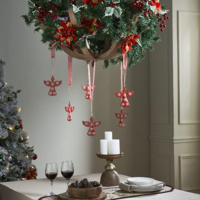 Falling Snow Red Angel Metal Ornament Set of 6 - 4.4 inch