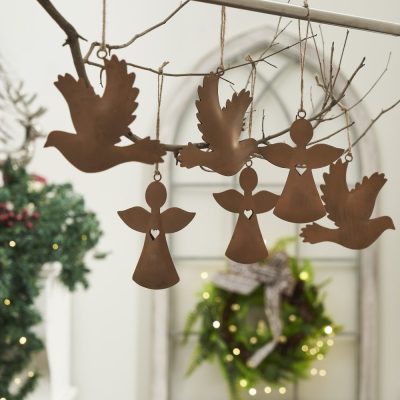 Rust Angel and Dove Metal Ornaments Set of 6 - 4.5/5 inch