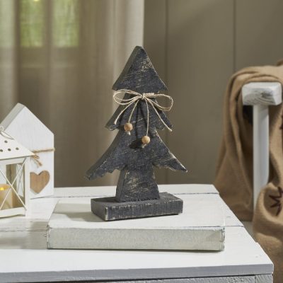 Three-Tiered Pine Distressed Dark Grey Wooden Tree Small 9.25x5.75x2.5