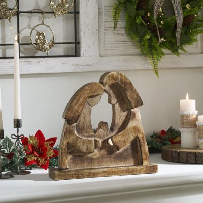 Mary and Joseph Dark Wooden Decor 12x11.5x2.75