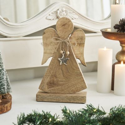 Metal Star Natural Wooden Angel 10.75x6.25x2.5