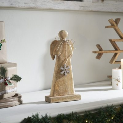 Metal Snowflake Natural Wooden Angel 12x5.75x2.5