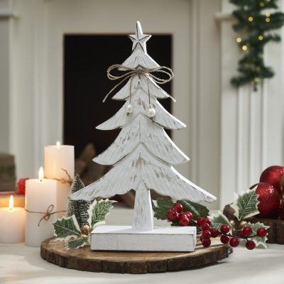 Festive Fir Distressed White Wooden Tree Large 12.75x8.25x2.5
