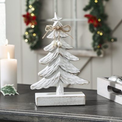 Festive Fir Distressed White Wooden Tree Small 9.5x6x2.25