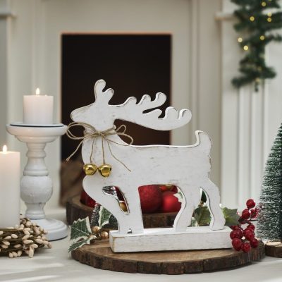 Winter Walk Distressed White Wooden Reindeer Large 10x9x2.5