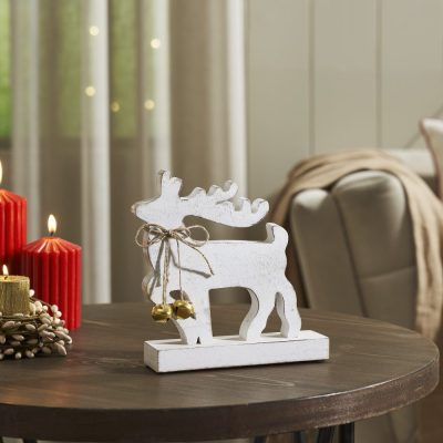 Winter Walk Distressed White Wooden Reindeer Small 8x7x2.5