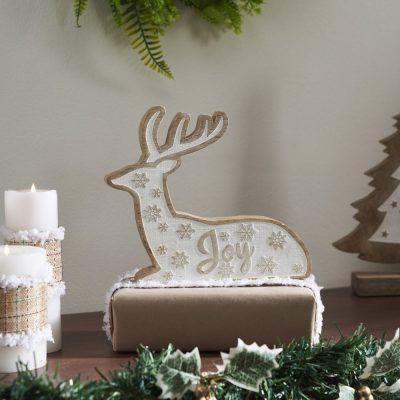 White Washed Joy Natural Wooden Reindeer 7x8x1