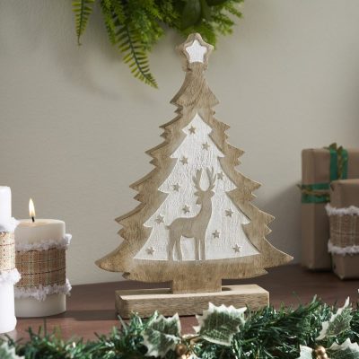 White Washed Winter Frolic Natural Wooden Tree 12x9x2.5