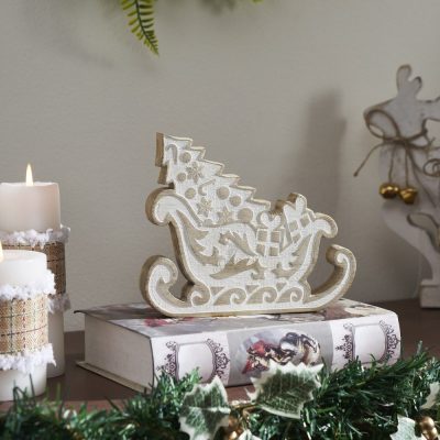 White Washed Santa on Duty Natural Wooden Sleigh 7x6x1