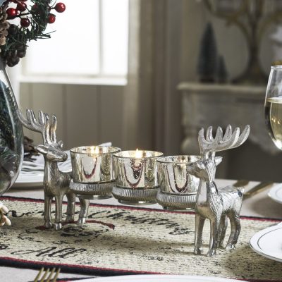 Metal Reindeer Three-Votive Mercury Glass Candle Holder 5.5x13x3.5
