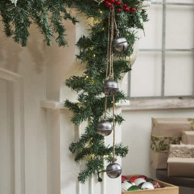 Tarnished Metal Decorative Bells on Jute Hanging Rope 23.5x2.5x2.5