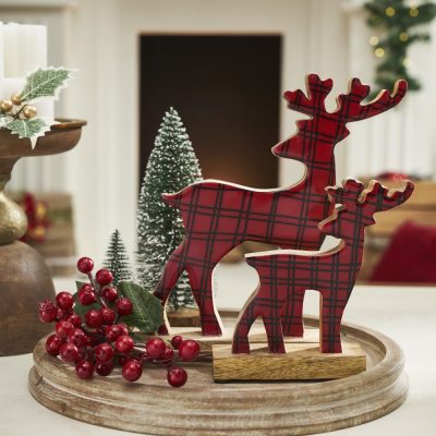 Red Plaid Wooden Reindeer Set of 2 - 6x6x2/9.5x9x2