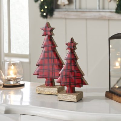 Red Plaid Natural Wooden Tree Set of 2 - 8x4.5x2.25/9.75x5.5x2.25