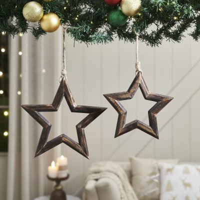 Dark Wooden Star Ornament Set of 2 - 8/9.75 inch