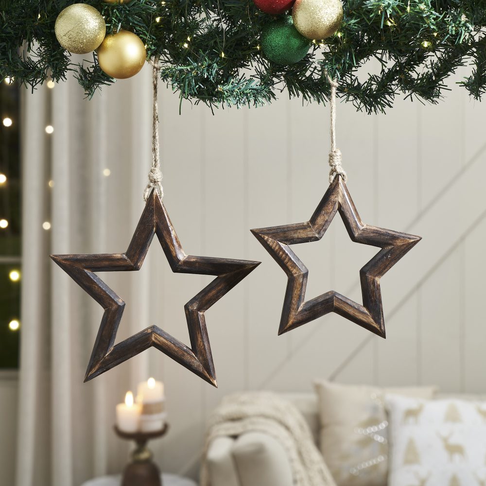 Dark Wooden Star Ornament Set of 2 - 8/9.75 inch