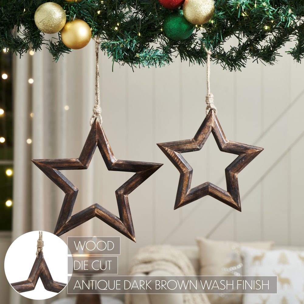 Dark Wooden Star Ornament Set of 2 - 8/9.75 inch - Image 4
