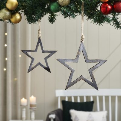 Distressed Gray Wooden Star Ornament Set of 2 - 7/9.5 inch