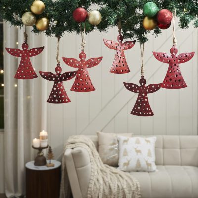 Antique Red Metal Angel Ornament Set of 6 - 6.5 inch