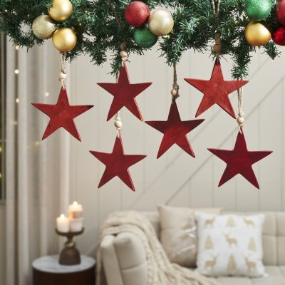 Antique Red Metal Star Ornament Set of 6 - 6 inch