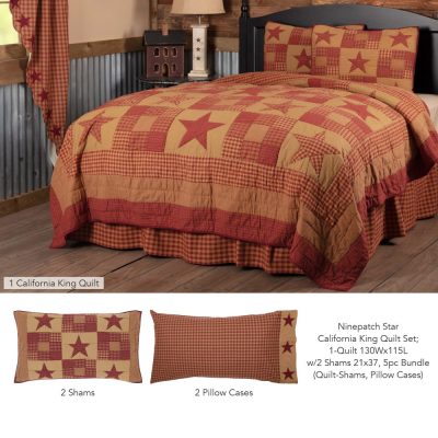 Ninepatch Star California King Quilt Set; 1-Quilt 130Wx115L w/2 Shams 21x37 5pc Bundle (Quilt-Shams, Pillow Cases)