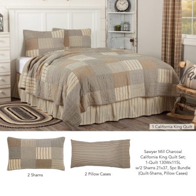 Sawyer Mill Charcoal California King Quilt Set; 1-Quilt 130Wx115L w/2 Shams 21x37 5pc Bundle (Quilt-Shams, Pillow Cases)