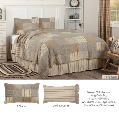 Sawyer Mill Charcoal King Quilt Set; 1-Quilt 105Wx95L w/2 Shams 21x37 5pc Bundle (Quilt-Shams, Pillow Cases)