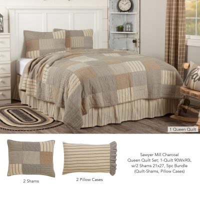 Sawyer Mill Charcoal Queen Quilt Set; 1-Quilt 90Wx90L w/2 Shams 21x27 5pc Bundle (Quilt-Shams, Pillow Cases)