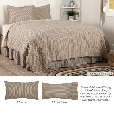 Sawyer Mill Charcoal Ticking Stripe California King Quilt Set; 1-Quilt 130Wx115L w/2 Shams 21x37 5pc Bundle (Quilt-Shams, Pillow Cases)