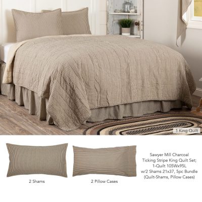 Sawyer Mill Charcoal Ticking Stripe King Quilt Set; 1-Quilt 105Wx95L w/2 Shams 21x37 5pc Bundle (Quilt-Shams, Pillow Cases)