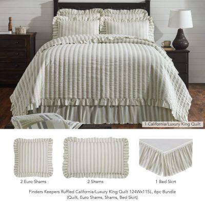 Finders Keepers Ruffled California/Luxury King Quilt 124Wx115L 6pc Bundle (Quilt, Euro Shams, Shams, Bed Skirt)