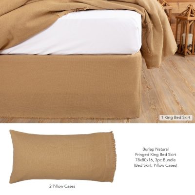 Burlap Natural Fringed King Bed Skirt 78x80x16 3pc Bundle (Bed Skirt, Pillow Cases)