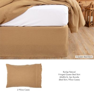 Burlap Natural Fringed Queen Bed Skirt 60x80x16 3pc Bundle (Bed Skirt, Pillow Cases)